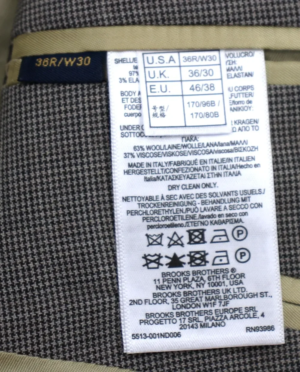 Brooks Brothers 1818 Milano Suit 36 R  30 W Mens Slim Fit Taupe Houndstooh Wool